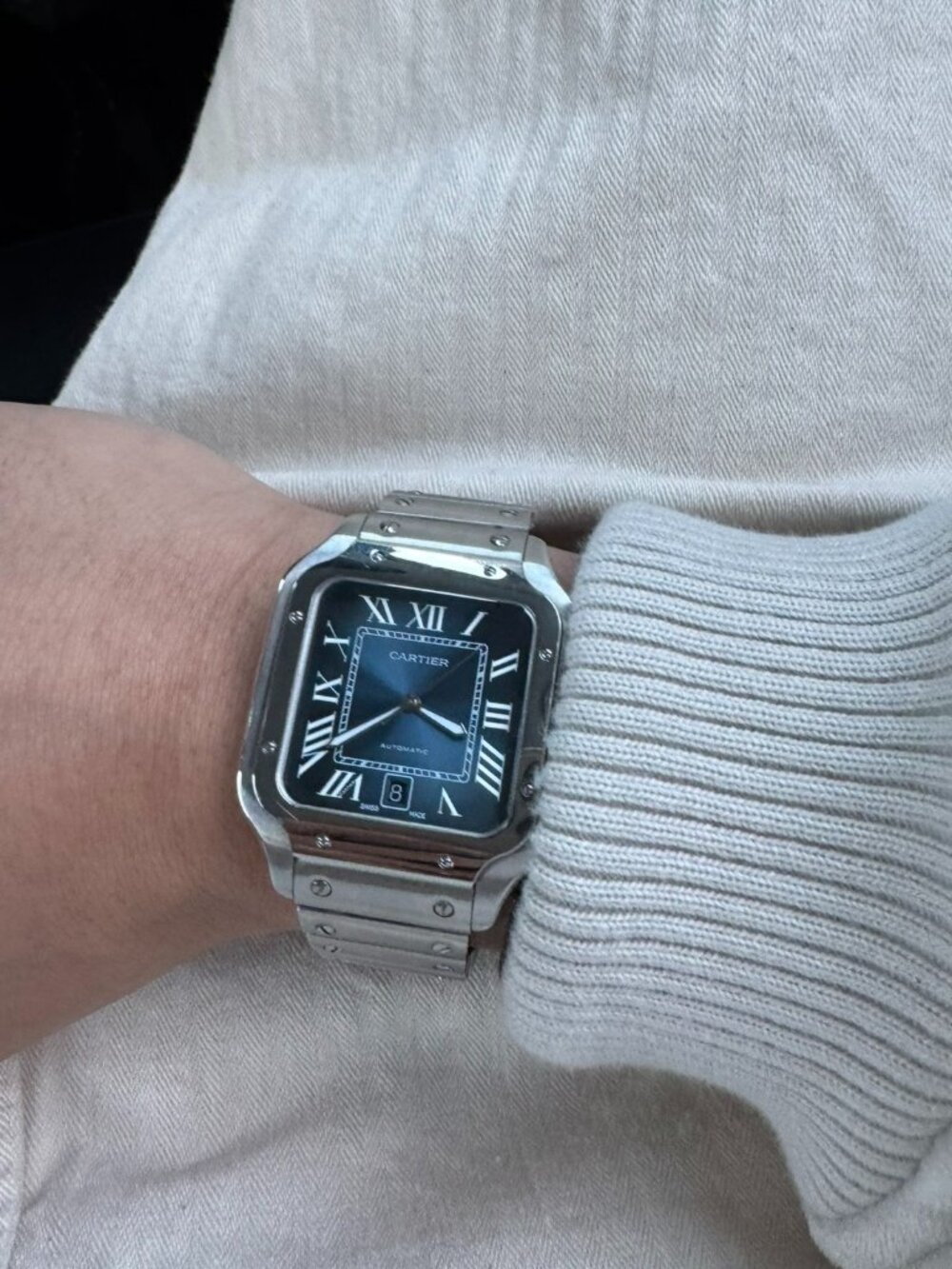 Cartier Santos Automatic Watch In Stainless Steel With Blue Dial